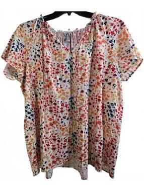 Noracora Floral Print Short Sleeve Blouse with Elastic Neckline Size XL